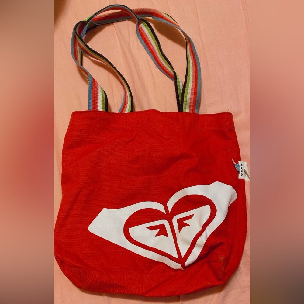Roxy Red Tote with White Logo and Striped Handles